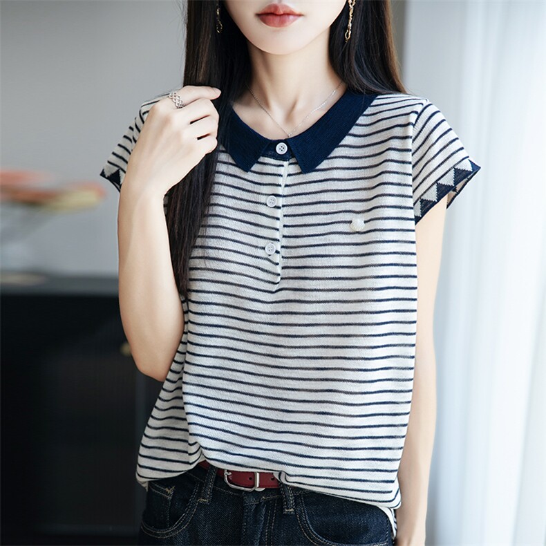 竹节麻翻领短袖针织衫女t恤夏季新款简约时尚洋气减龄Polo衫上衣,针织衫/毛衣,菲奥羊绒