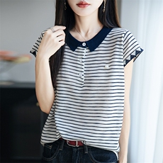 竹节麻翻领短袖针织衫女t恤夏季新款简约时尚洋气减龄Polo衫上衣，女装针织衫/毛衣，菲奥羊绒