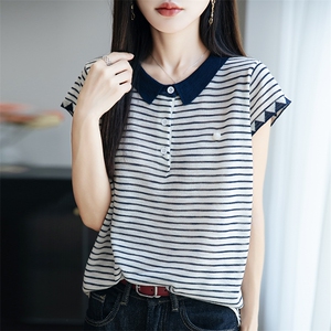 竹节麻翻领短袖针织衫女t恤夏季新款简约时尚洋气减龄Polo衫上衣图片