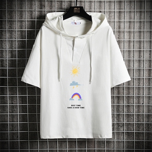 LD54141-P45 连帽短袖t恤男大码胖子带帽五分袖中袖 网格挂拍图片