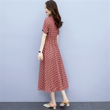 2021夏季新款简约气质圆领休闲舒适系带收腰显瘦棉麻连衣裙，女装连衣裙，香香