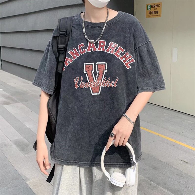 美式高街做旧磨边英文字母印花短袖T恤男宽松街舞情侣W2418-P35,男装T恤,星座412-3
