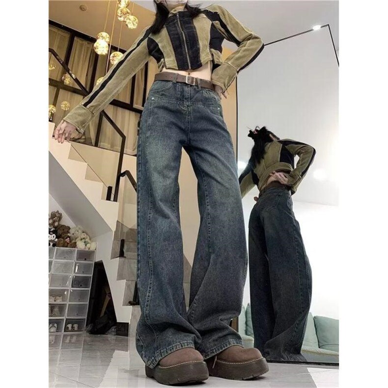 黑灰色阔腿牛仔裤女直筒显瘦高腰春秋冬加绒加厚百搭牛仔裤NR141,男装牛仔裤,星座302B-2