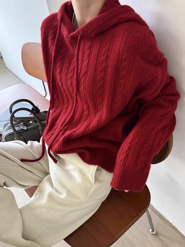 连帽毛衣女秋冬2024新款宽松慵懒风针织衫长袖上衣，女装羊毛衫，思途羊绒