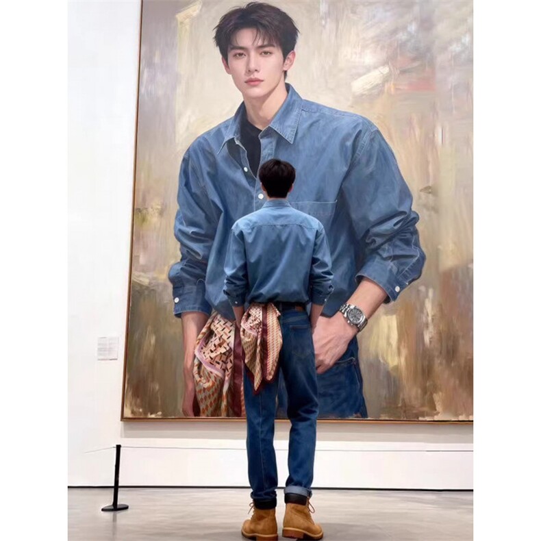 日系复古水洗长袖牛仔衬衫男ins潮牌宽松春秋情侣外套LY0066-p45，男装衬衫，星座1008