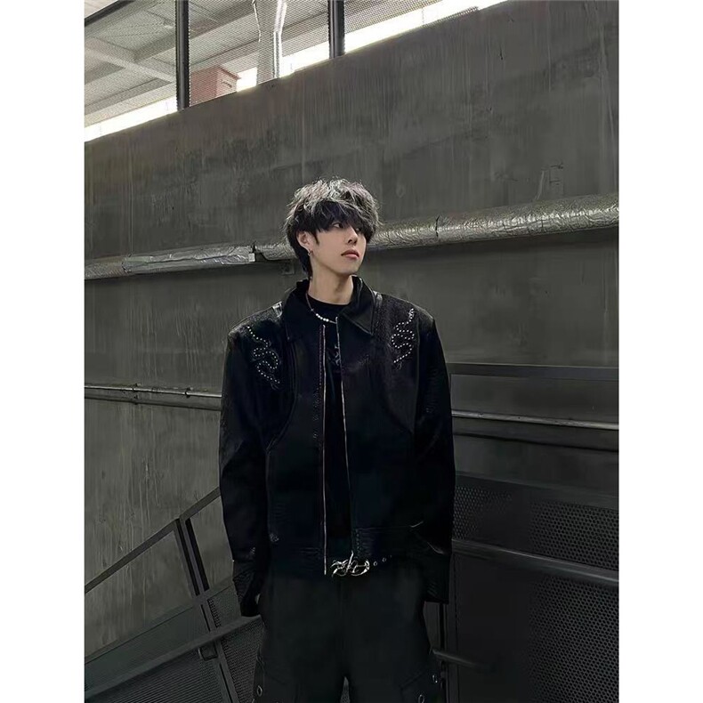 现货高级感秋季蛇皮重工钉珠刺绣拼接短款夹克JK068/P140,男装夹克,星座205-3