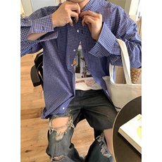刺绣细格纹长袖衬衫男女早秋款复古休闲百搭bf风衬衣外套CH275，男装衬衫，星座1116A（原606A-3）