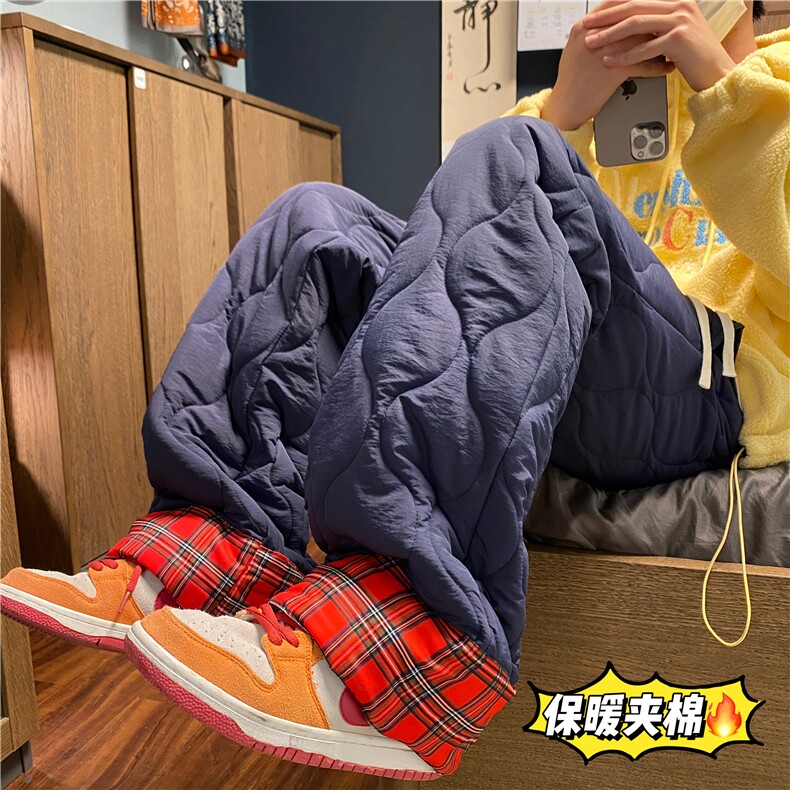 格子保暖裤子男女同款冬季加棉直筒宽松潮流棉裤百搭拖地休闲长裤,男装休闲裤,电商B315