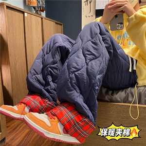 格子保暖裤子男女同款冬季加棉直筒宽松潮流棉裤百搭拖地休闲长裤