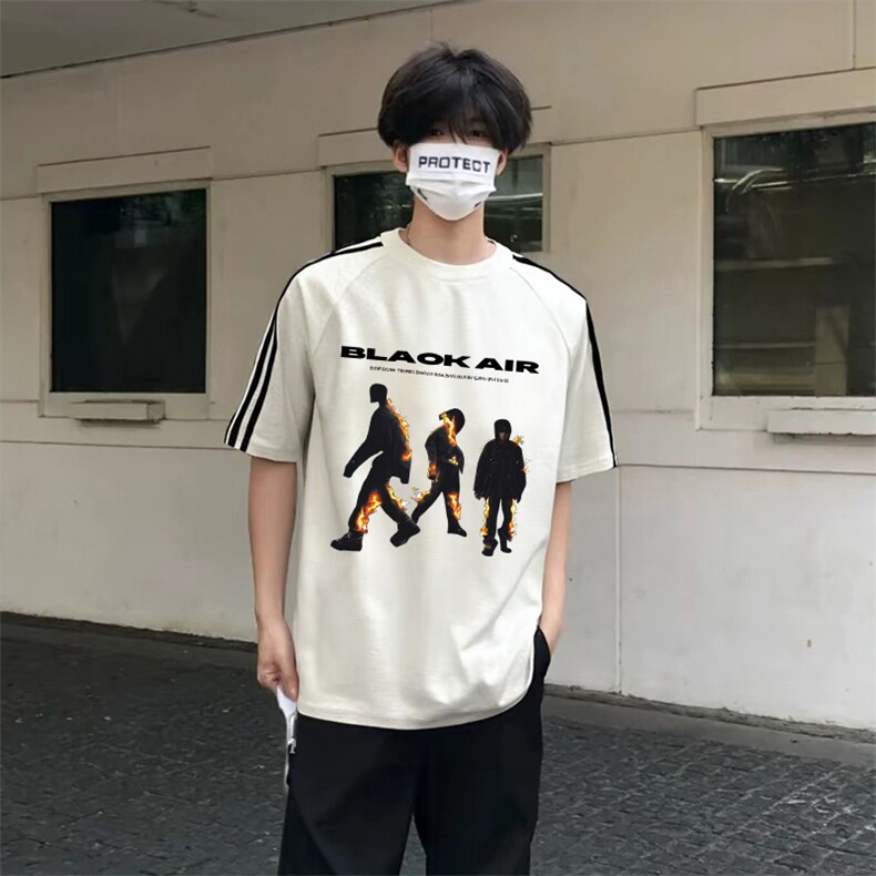 抖音得物高品质二开240克宽松纯棉美式潮牌三条杠织带短袖T恤,男装T恤,电商A486-1