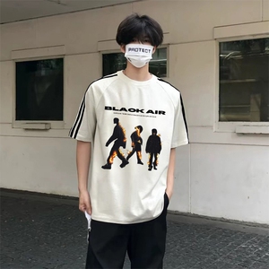 抖音得物高品质二开240克宽松纯棉美式潮牌三条杠织带短袖T恤图片