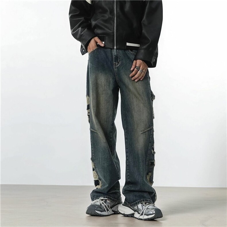 NK2098-P58高街做旧宽松阔腿牛仔裤男女美式假破洞宽松直筒长裤子，男装牛仔裤，电商A306-2