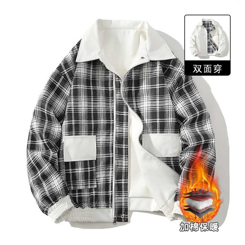 秋冬数据新款双面穿格子皮棉衣美式翻领百搭休闲棉服MF1088P110，男装皮衣，电商A128