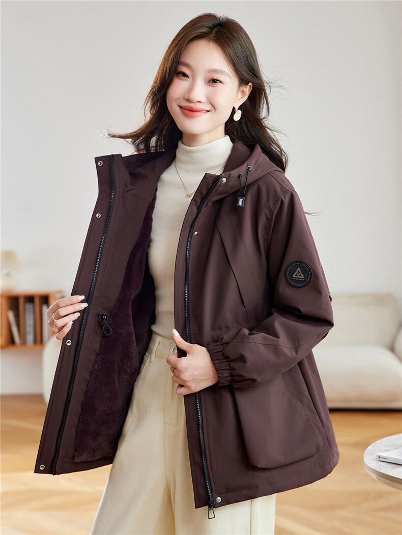 休闲连帽派克服加绒厚外套女2025秋冬新款时尚宽松收腰显瘦冲锋衣,女装派克服,沐七七