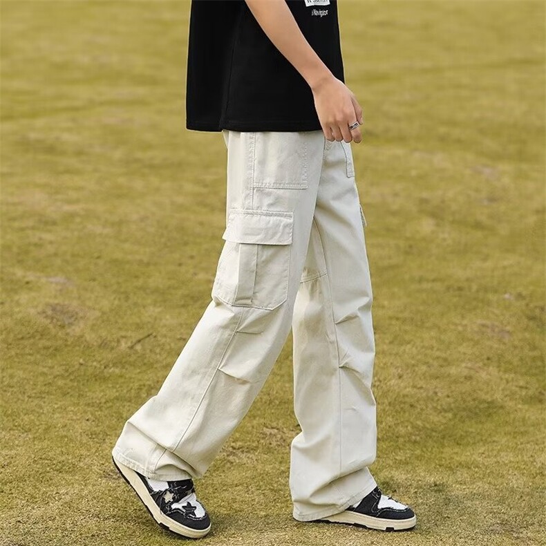 春夏季薄款青少年痞帅直筒工装裤日系复古多口袋休闲长裤男图片