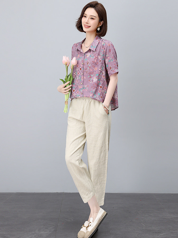 时尚印花衬衫棉麻套装女2025夏季新款中年妈妈洋气减龄亚麻两件套,女装套装/套裙,依恋蒂丝