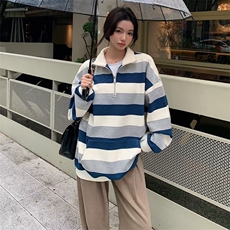 8805-P52美式复古oversize条纹卫衣女春秋季薄款宽松bf慵懒风，男装卫衣，电商B323A