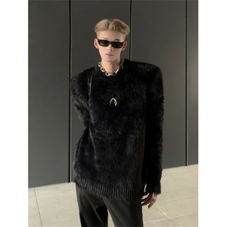 1506-1/MM021/P56氛围感慵懒仿水貂毛针织毛衣男廓形纯色软糯上衣，男装针织衫/毛衣，星座1506-1