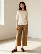 2025年秋季时尚百搭通勤简约休闲鱼骨五分袖，女装T恤，湘姗