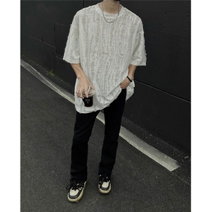 主推 高质量夏季破洞短袖重磅情侣t恤男设计感宽松上衣 D247 P30图片
