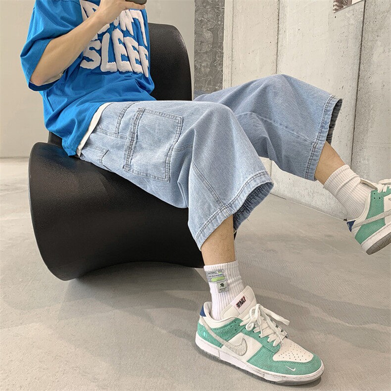 牛仔短裤男女夏季港风宽松直筒潮牌阔腿七分裤工装休闲百搭裤子,男装牛仔裤,星座601-1