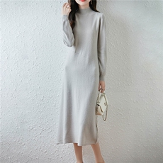 2025年秋季中长款长袖休闲风半高领腰斜款连衣裙，女装连衣裙，绒汀羊绒