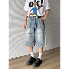 牛仔工装七分裤男2025夏季新款美式复古高街小众短裤D05512-P55，男装牛仔裤，星座308B-1