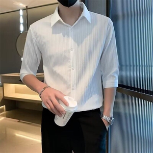 夏季冰丝短袖衬衫男潮流修身半袖寸衫五分袖潮牌中袖衬衣 CS001图片