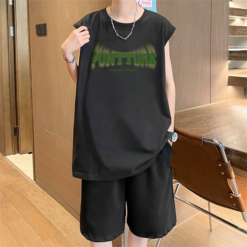 直播品质美式宽松纯棉背心无袖t恤短裤大码两件套套装TZ83-P58,男装T恤,电商A486