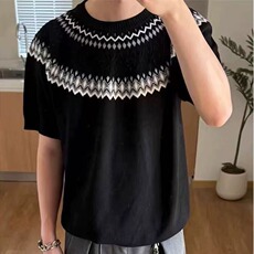 费尔岛针织短袖男女夏季穿搭美式复古正肩t恤修身显瘦慵懒风上衣，男装针织衫/毛衣，星座506A