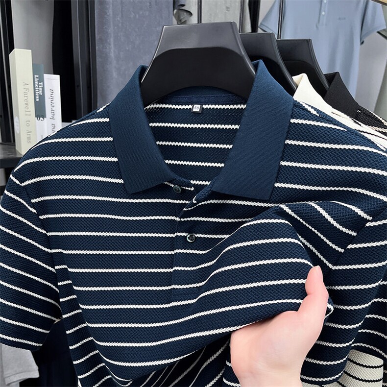 黑白条纹短袖t恤男2025新款夏装青年休闲潮流polo衫男上衣服翻领图片
