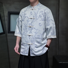 新中式大码男士提花撞色立领盘扣短袖衬衫T2563-P65，男装衬衫，电商A021