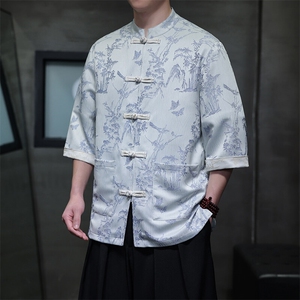 新中式大码男士提花撞色立领盘扣短袖衬衫T2563-P65图片