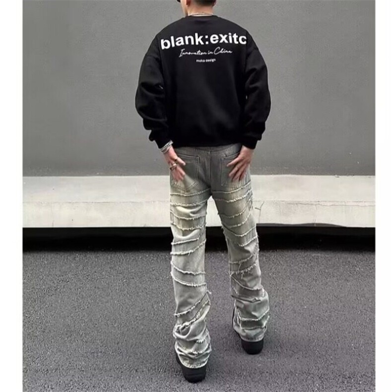 美式潮牌牛仔裤小众设计水洗做旧高弹力百搭浅色微喇叭裤,男装牛仔裤,星座506A