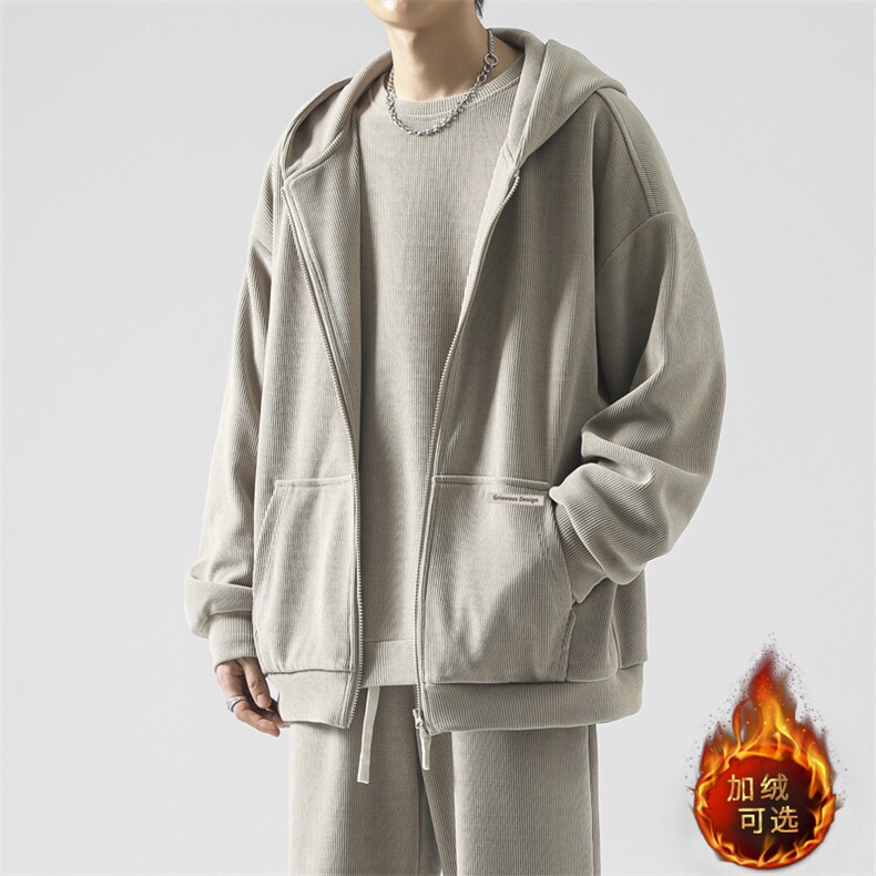 开衫连帽卫衣外套男款宽松休闲条绒套装KW809-特批131加绒特批151,男装卫衣,星座718