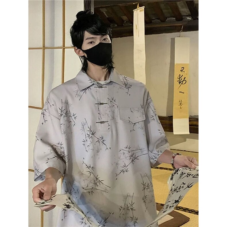 设计感衬衣男士夏季宽松新中式短袖衬衫潮流休闲半袖HA210-P37,男装T恤,星座208-5