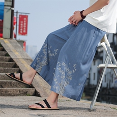 夏季新款2024现货中式风棉麻印花竹叶八分裤阔腿裤K211-P60，男装休闲裤，电商A021