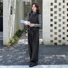 灰色韩系毛呢马甲阔腿裤打底衫三件套女秋冬2025新款chic气质套装，女装套装/套裙，2C111