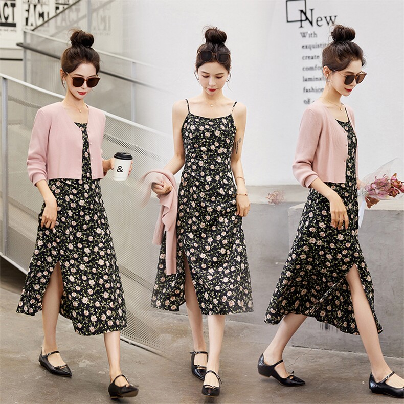 2024新款针织外套+印花吊带长裙显瘦两件套，女装连衣裙，安之芮娜