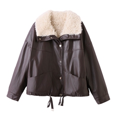 美拉德咖色羊羔毛翻领皮衣短外套女气质百搭夹毛皮夹克外套，女装皮衣，涵墨