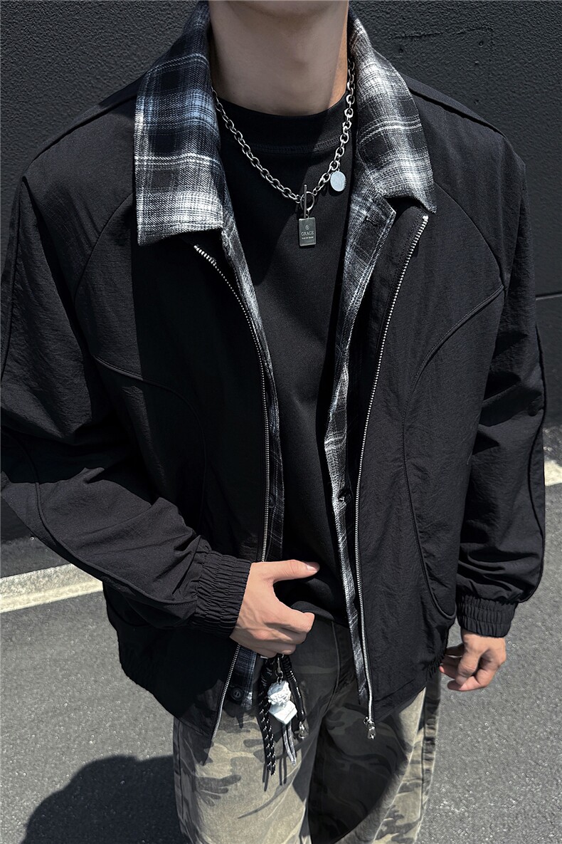 秋冬夹克男假两件工装外套青少年格子拼色上衣,男装夹克,星座1206（原A206）