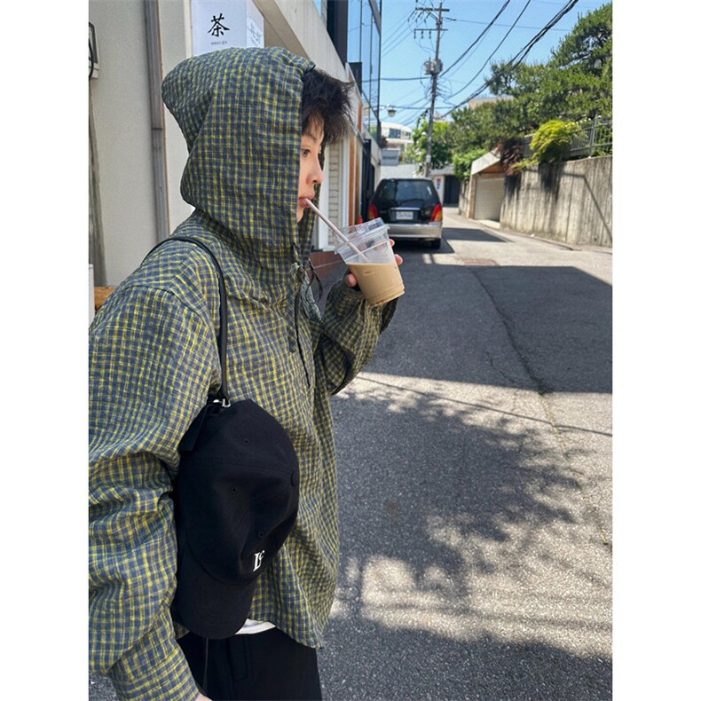 慵懒风绿色格子衬衫男高级感美式防晒衬衣连帽格纹衫W03,男装防晒衣,星座1116A（原606A-3）