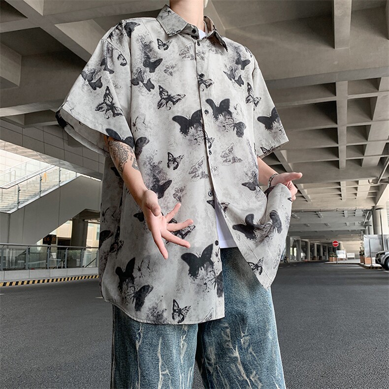 新中式风半袖男花衬衫水墨画山水系情侣衬衣外套男C0455-P33,男装衬衫,星座308B-2