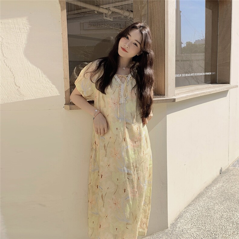 法式V领泡泡袖连衣裙女2025夏季新款甜美减龄温柔风黄色碎花长裙,女装连衣裙,2C229