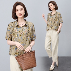 时尚印花衬衫棉麻套装女2025夏季新款中年妈妈洋气减龄亚麻两件套，女装套装/套裙，依恋蒂丝