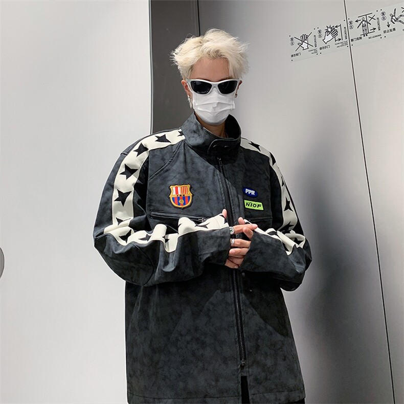 港风秋款男皮夹克条纹五角星机车工装拉链勋章短裤外套JK67P80,男装夹克,星座1013-1