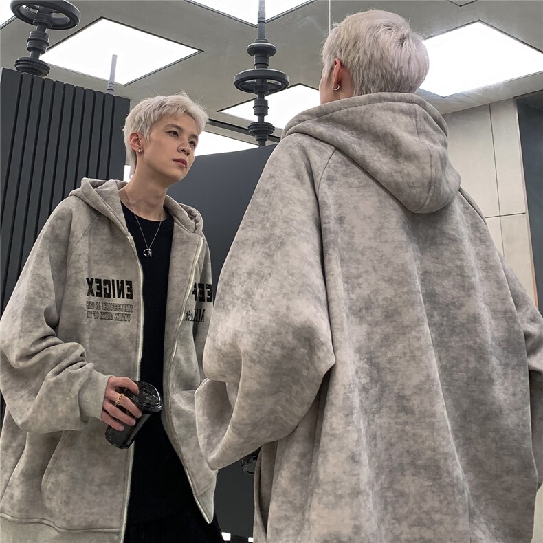 潮牌蜡染做旧开衫连帽卫衣男女同款宽松水洗夹克外套JK200-P78图片
