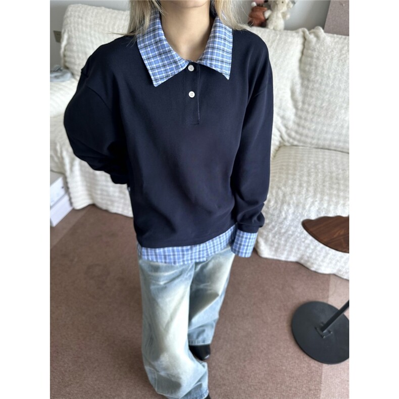 网图~老钱风miu系格纹假两件拼接polo长袖卫衣W1369/特P40，男装Polo衫，电商B350