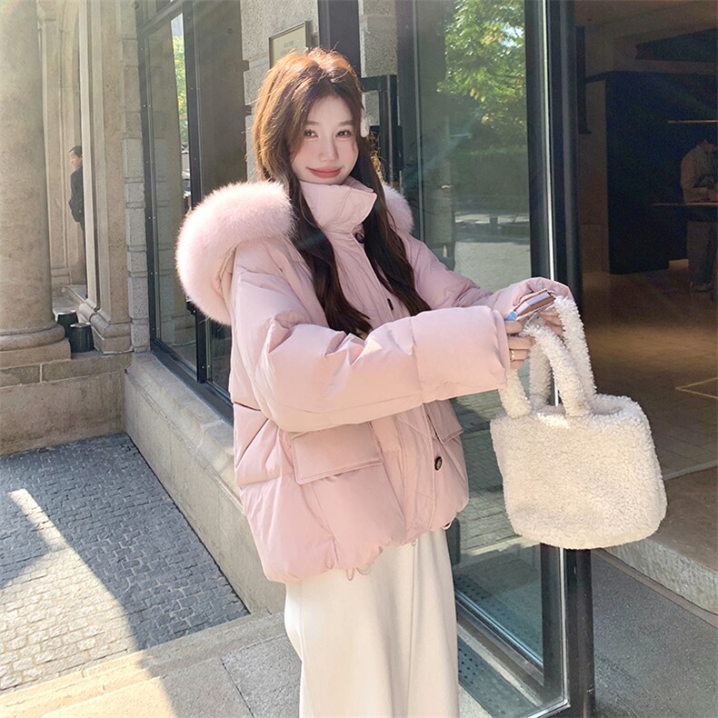 韩系chic粉色毛领连帽羽绒服女冬超火好看高级小众漂亮加厚短外套,女装羽绒服,2D078