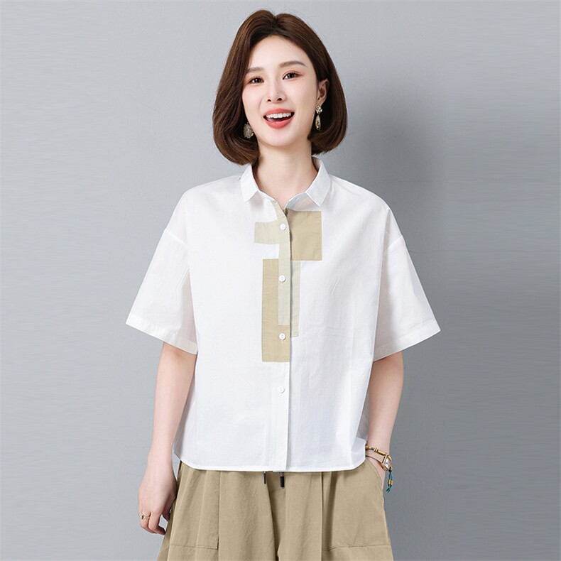 纯棉短袖衬衫女夏季2025年新款中年妈妈大码宽松休闲撞色翻领上衣,女装衬衫,秋牧寒烟